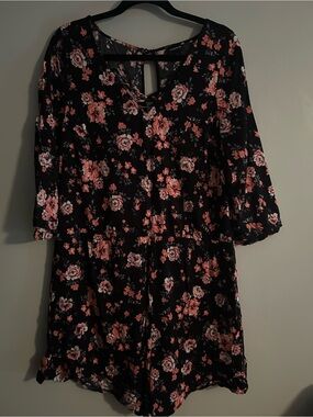 Floral Lace-Up Black Romper with Pink Bloom Print